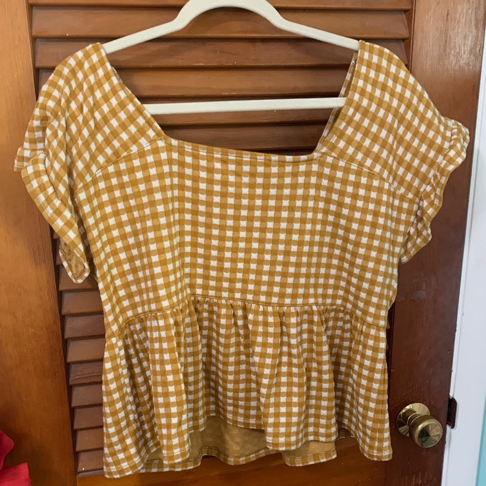 Madewell Mustard Checkered Peplum Blouse